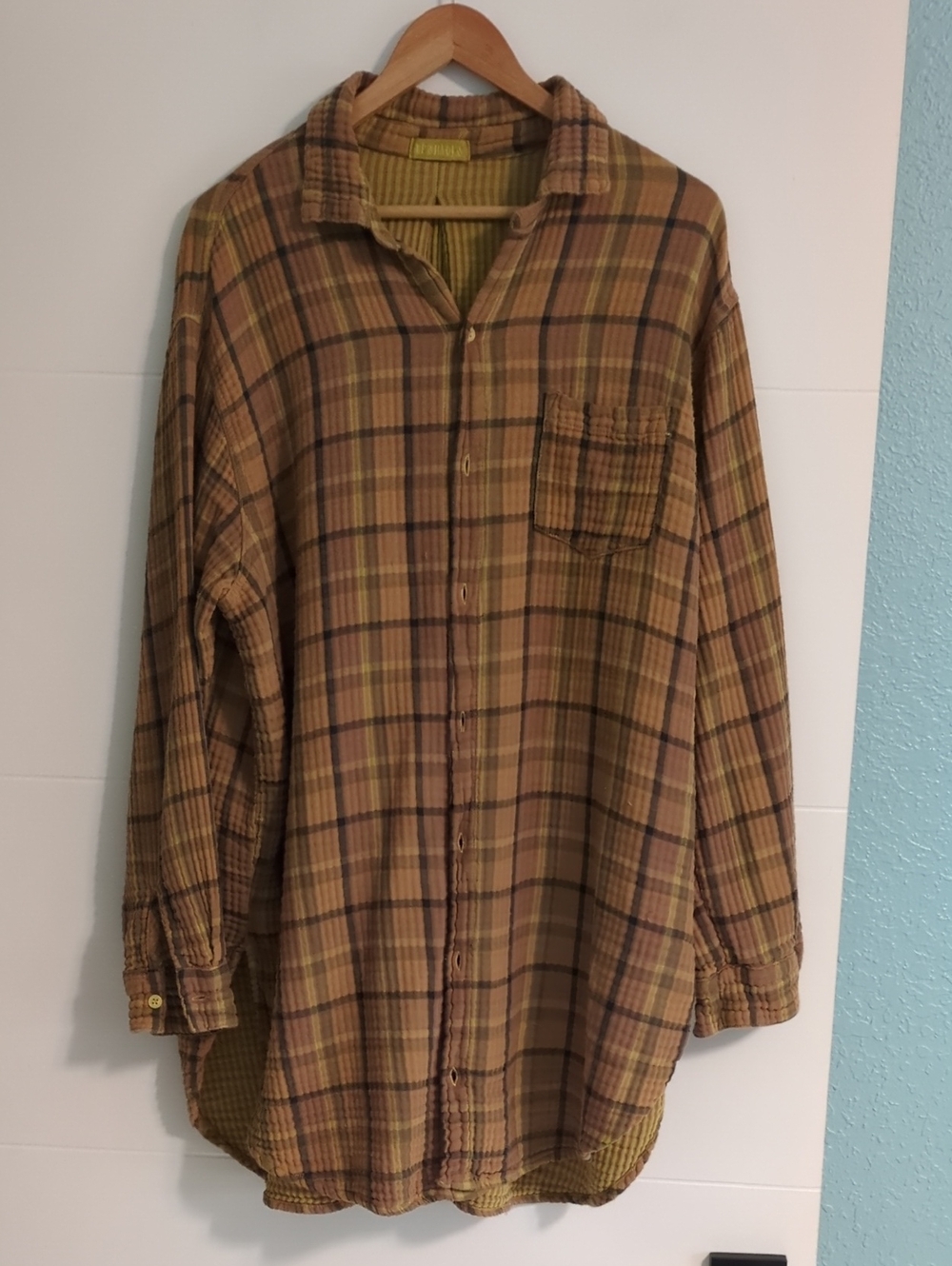 Cp Shades Mustard Plaid Button-Up Long Gauzy Shirt Sz L Boho Casual Broken In
